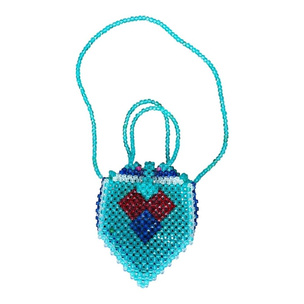 Handmade Beaded Heart Bag Purse Blue Shoulder Strap Unique Dopamine Maximalist